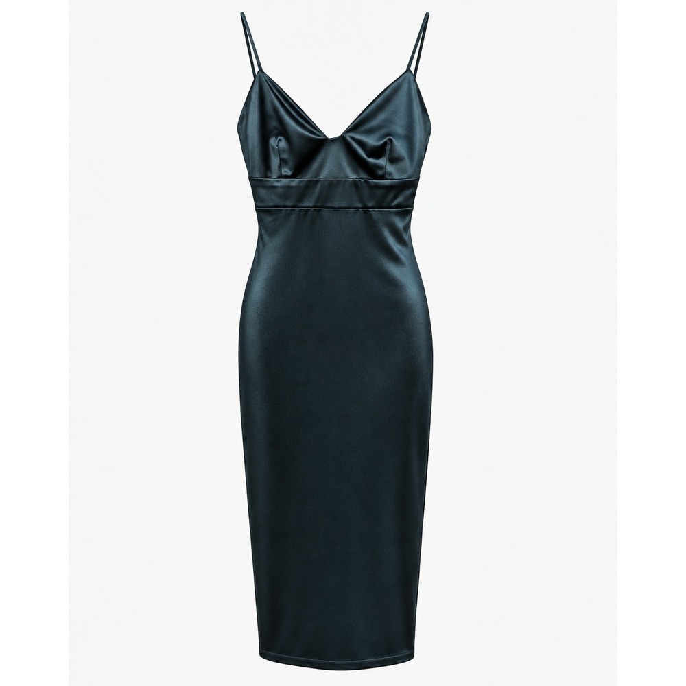 Lulus Midi Dress S Emerald Green Satin V-Neck Spaghetti Strap Bodycon Cocktail